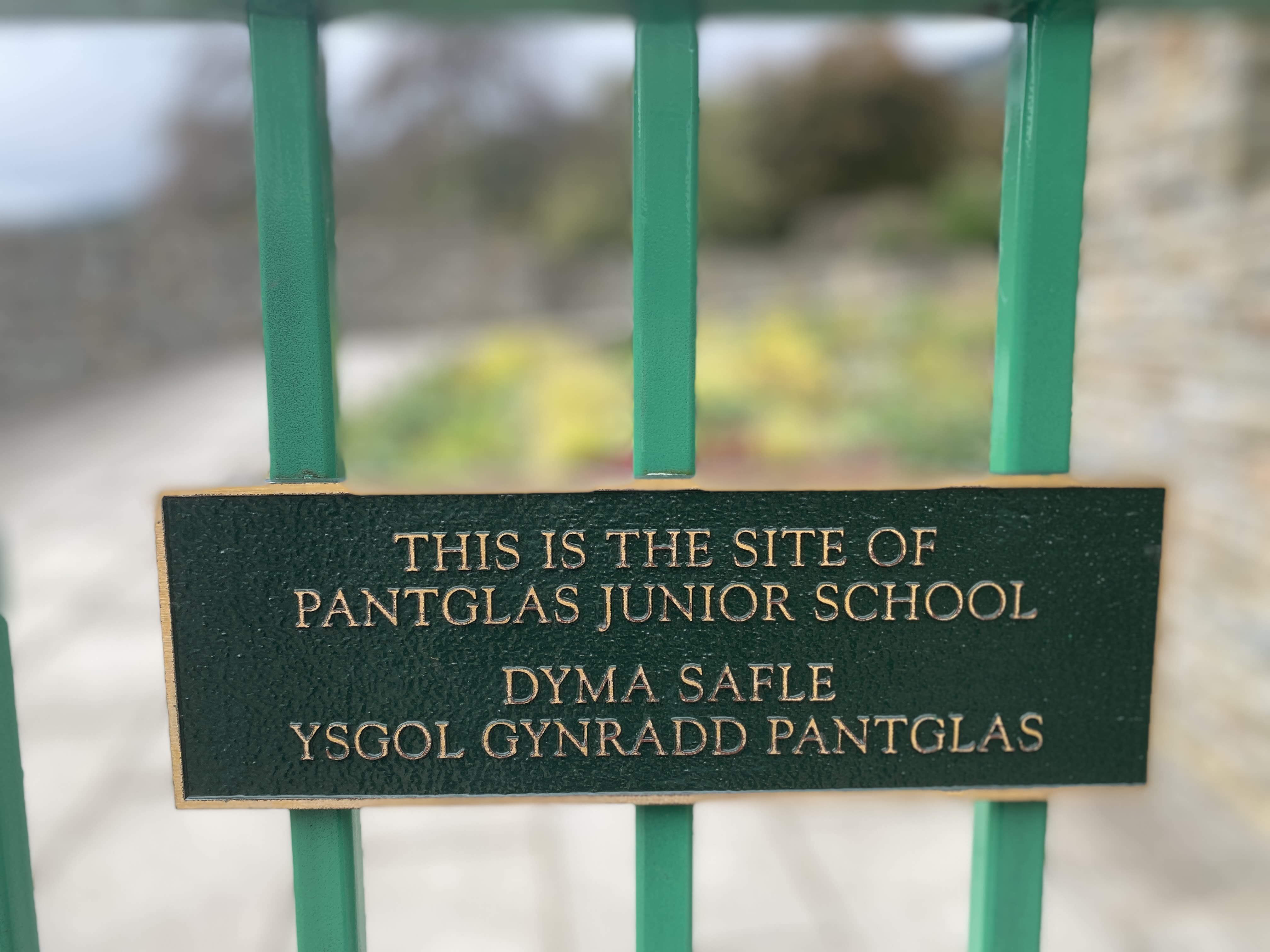 A sign marks the site of the Pantglas school.