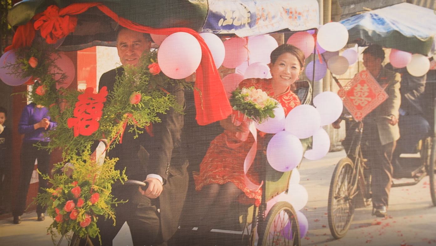 The groom took the bride to the wedding party in a pedicab or trishaw.