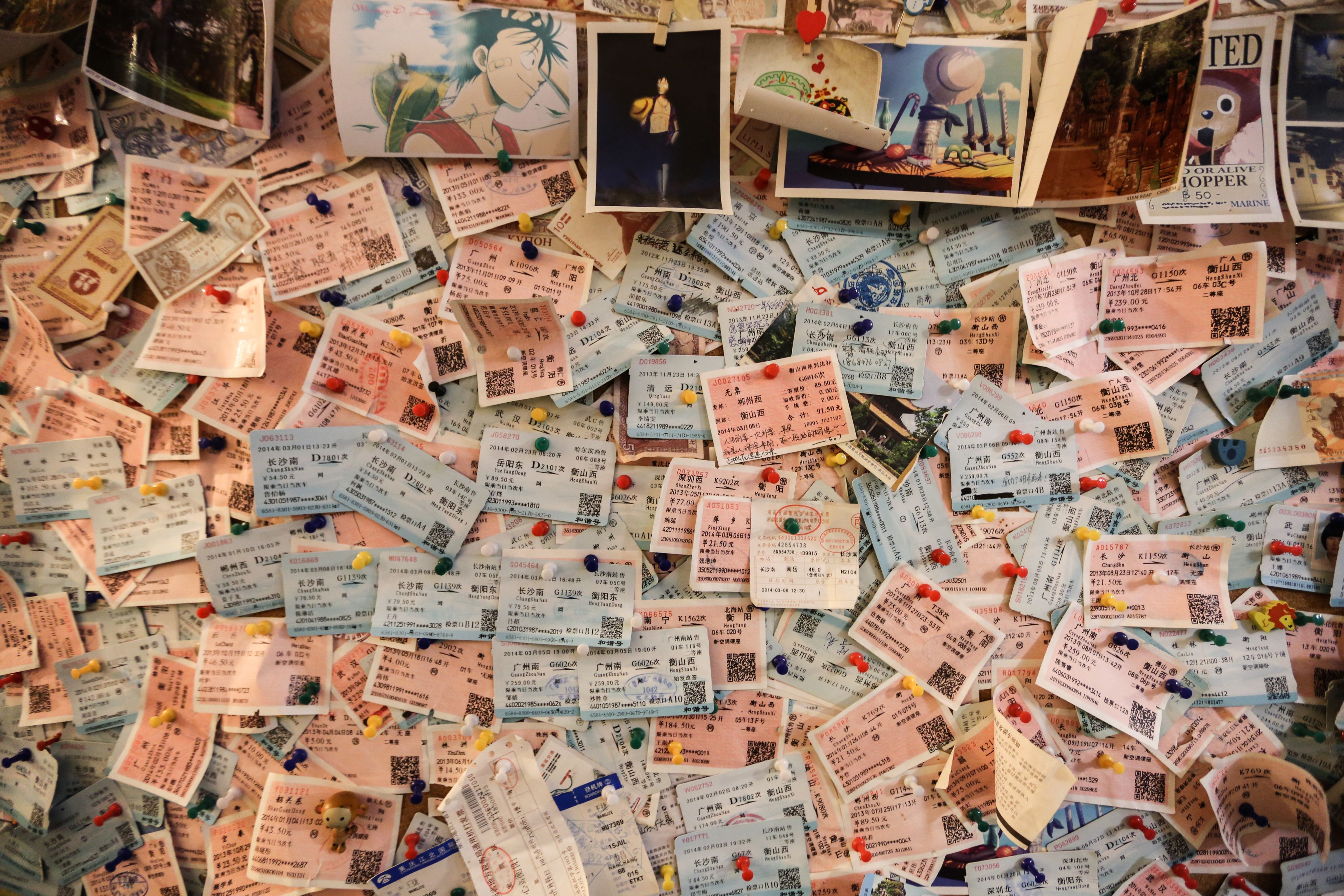 Vintage train tickets in a youth hostel in Hengyang, Hunan Province.