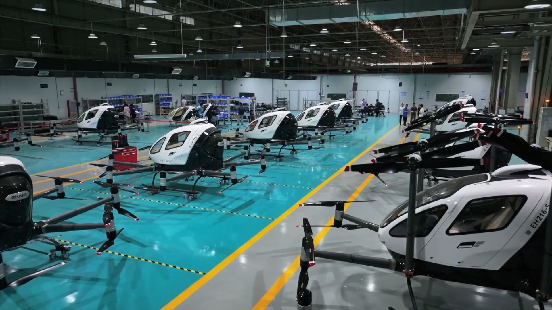 A hanger full of EHangs – one of the leading eVTOL brands. 