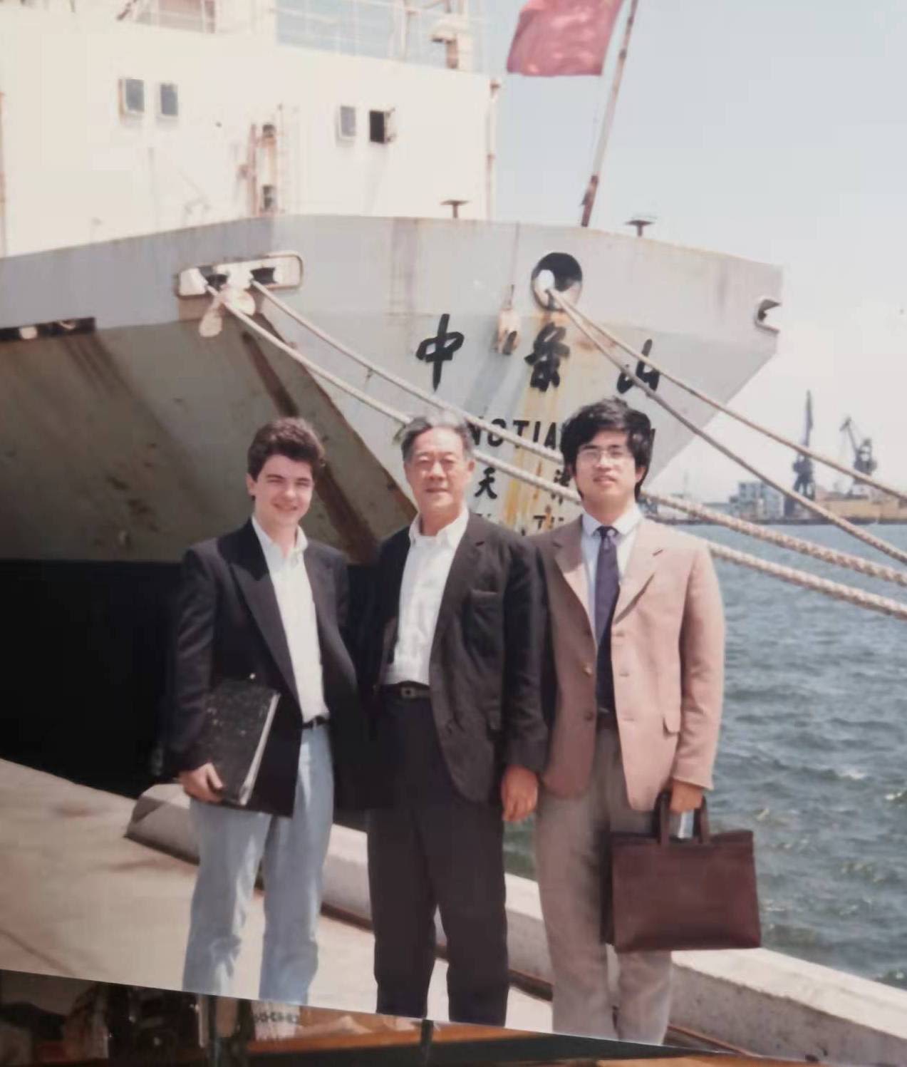 Liu (right) with London Export Corporation colleague Morris Donnelly at Lianyuangang Port, Jiangsu in 1990.