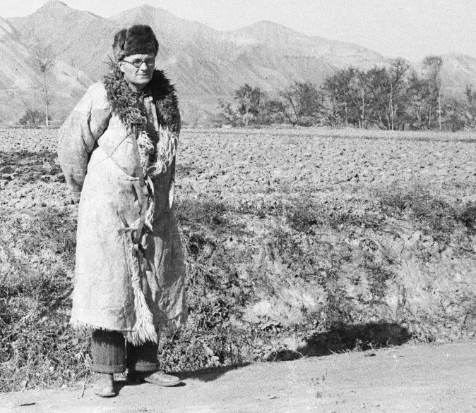Joseph Needham in a sheep-skin coat and hat, near Lanchow. Needham J, Needham Research Institute